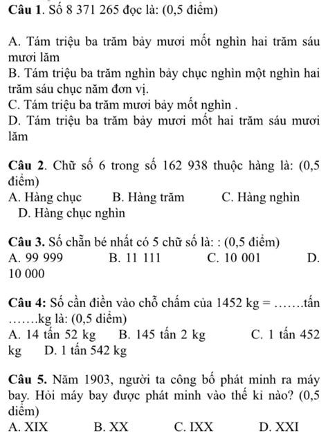 Câu 1 Số 8 371 265 đọc Là 05 điểm A Tám Triệu Ba Trăm Bảy Mươi