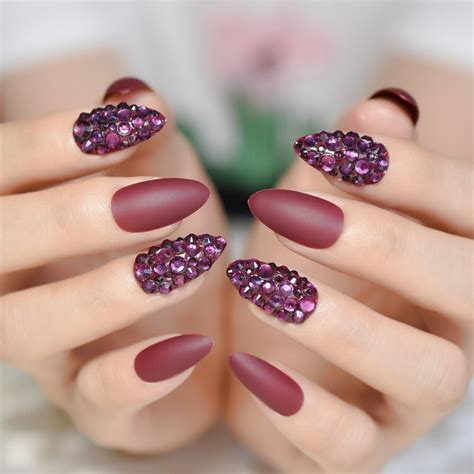 24pcs Stiletto Wine Red Matte Fake Nail Medium Salon Dazzling 3d Beauty Chic Artificial Nails