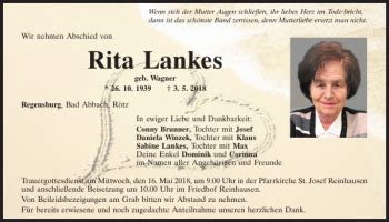 Traueranzeigen Von Rita Lankes Mittelbayerische Trauer