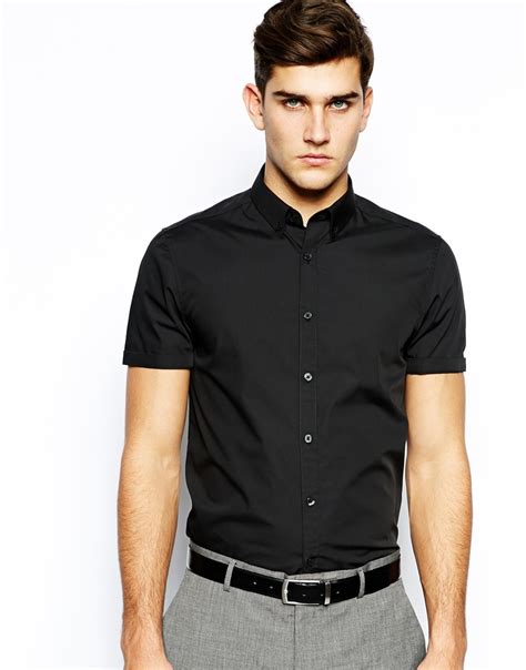 Asos Smart Shirt In Short Sleeve With Button Down Collar In Black For