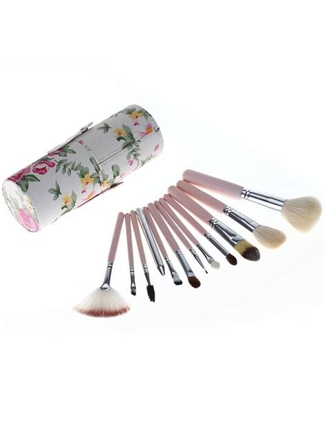 Pink 12pcs Wool Makeup Brush Set With Florals Bucket Cylinder Shein Sheinside