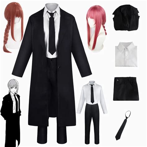 Anime Homem Motosserra Makima Cosplay Traje Preto Trench Camisa Gravata