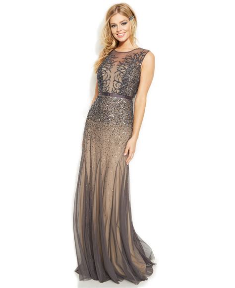 Adrianna Papell Sleeveless Beaded Illusion Gown Dresses Women