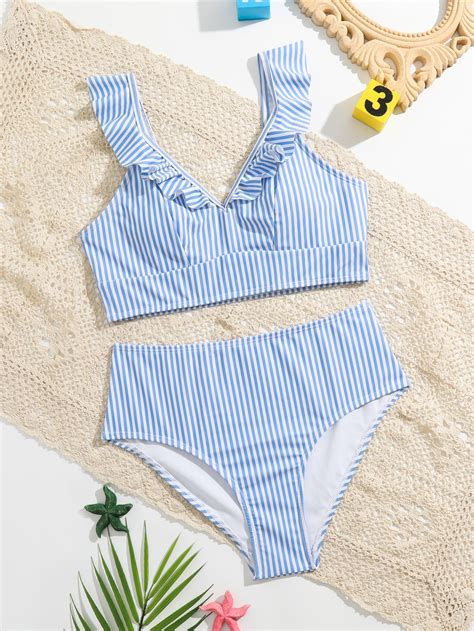 Teen Girls Striped Ruffle Trim Bikini Swimsuit Lynks Shop