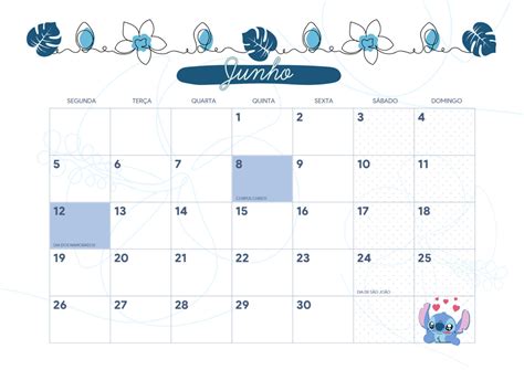 Calendario Mensal Stitch Junho Fazendo A Nossa Festa