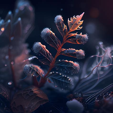 Premium Ai Image Frosty Leaves On A Dark Background D Illustration