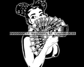 Pretty Woman Holding Big Money Stacks SVG Design Tongue Out 100 Dollar