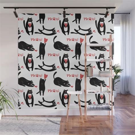 Cute Black Cats Playing With Hearts And Meow Wall Mural Wall Murals