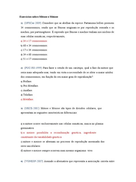 Exercicios Mitose E Meiose - Exercícios Sobre Mitose e Meiose 2 | PDF | Meiose | Mitose
