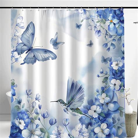 Blue And White Butterfly Hummingbird Shower Curtain Set Watercolor