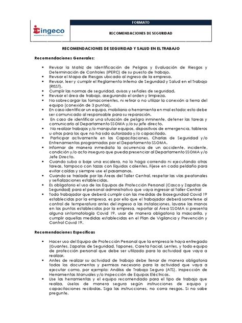 Recomendaciones De Sst Taller Pdf