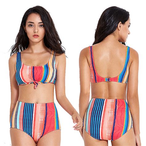 Oem Custom New Design Knotted Women Two Pieces Swimwear Striped Printed Sexy Bikini Set