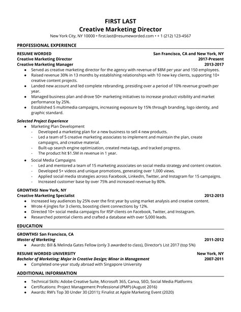 Creative Marketing Director Resume Example for 2023 | Resume Worded