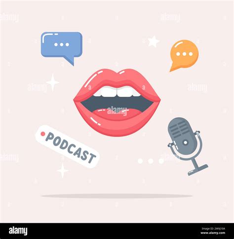 Talking Female Mouth Microphone And Speech Bubbles Podcast Concept