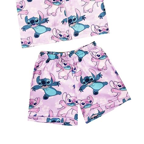 Girls Disney Lilo Stitch Satin Short Pyjamas Silk Button Collar Pjs