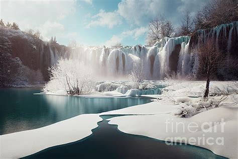 Plitvice Lakes in winter with frozen waterfalls Greeting Card by Benny ...