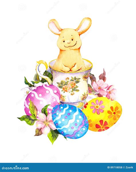 Cute Easter Bunny In Tea Cup With Colored Eggs Flowers Watercolor