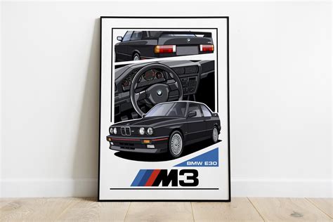 BMW E30 M3 M Power Poster Bmw Car Wall Poster Black Classic Car Poster