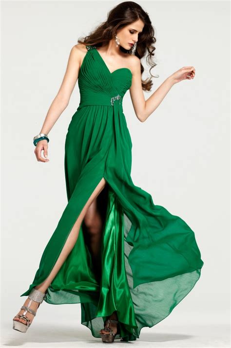 Green One Shoulder High Slit Open Back Floor Length Column Sexy Dress