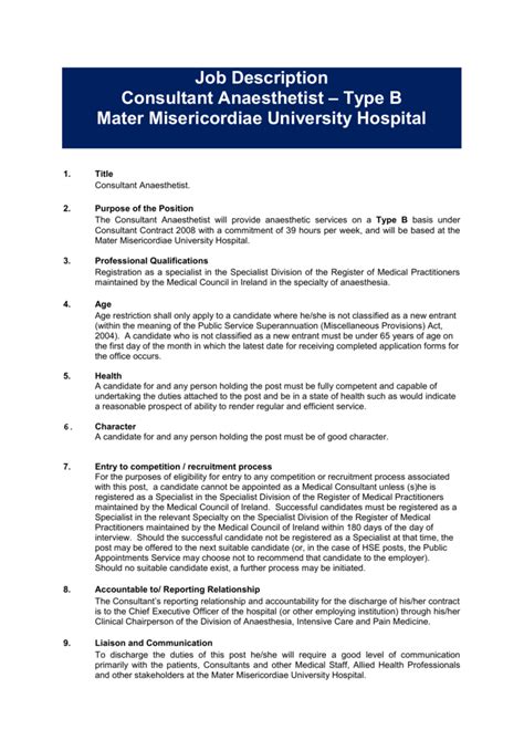 Job Description Consultant Anaesthetist