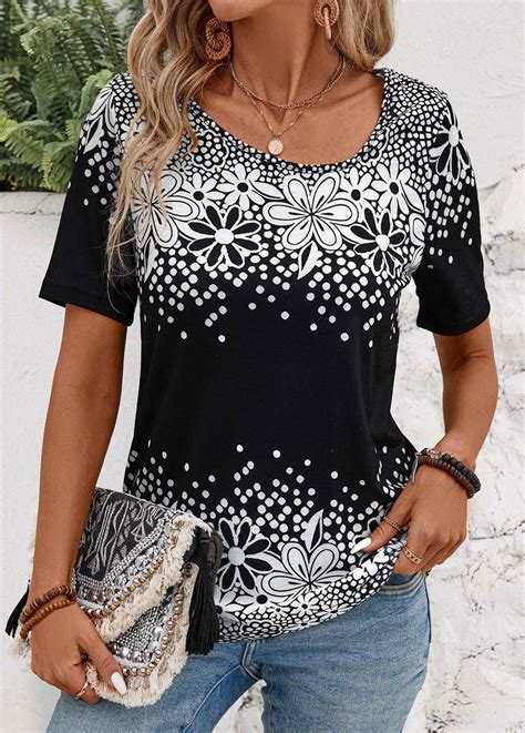 Floral Print Black Short Sleeve Asymmetrical Neck T Shirt Rosewe