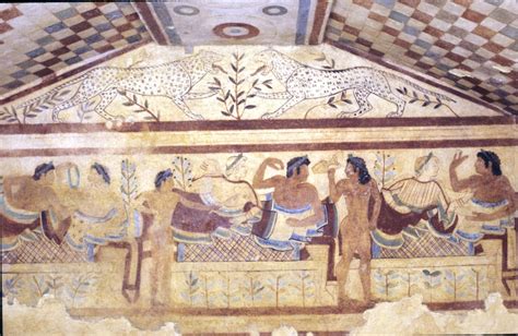 Tomba Etrusca Di Leopardi Affresco Con Scena Di Banchetto Tarquinia