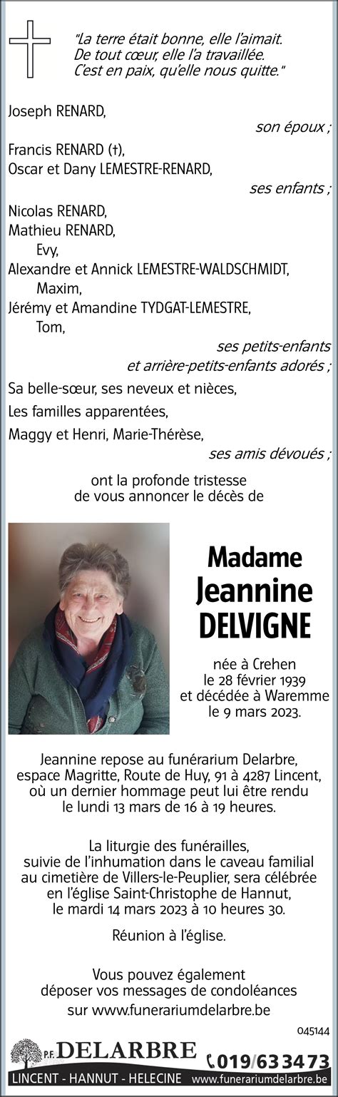 Jeannine DELVIGNE 09 03 2023 Avis nécrologique lavenir net