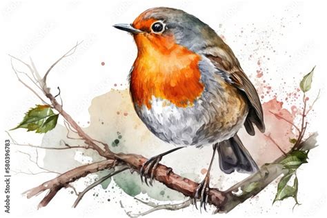 Watercolor picture of a robin. Small bird in a garden, drawn by hand up ...