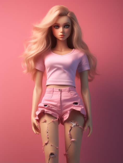 Premium Photo Doll In Pink And Ripped Shorts Wears Her Long Blonde Hair In The Style Of