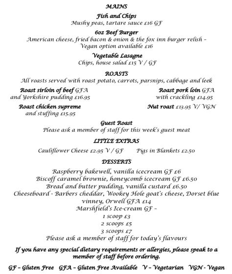 Sunday Menu The Fox Inn Corfe Castle