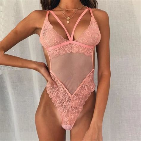 Body Nouveau Sexy Mesh Dentelle Femmes Sheer Backless Body Teddy Jumpsuit Lingerie Rose Rose