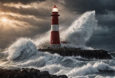 Tempestade Grandes Ondas Sobre O Farol No Oceano Ia Generativa