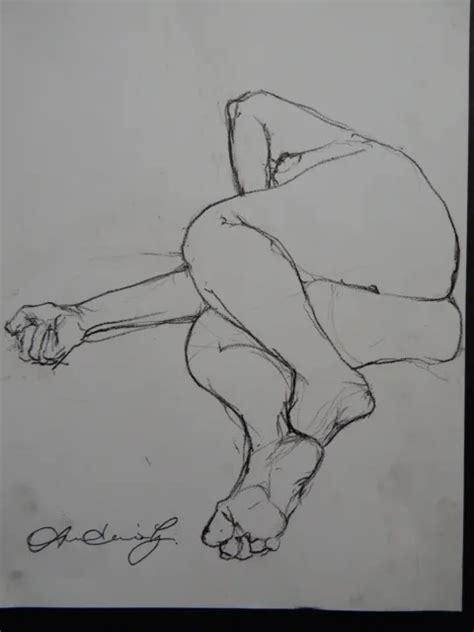 ORIGINAL CHINAGRAPH PENCIL Female Nude Model Life Drawing In A Reclined