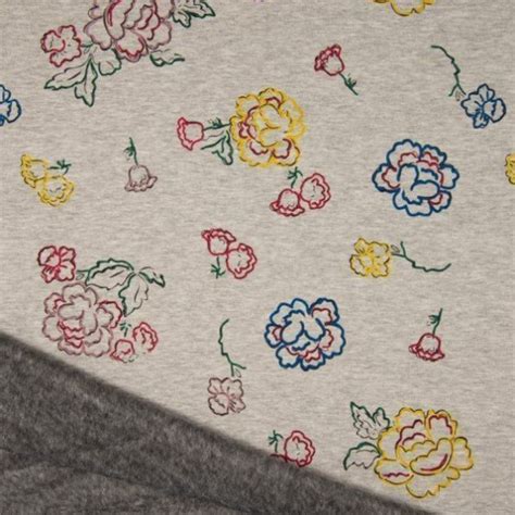 Tissu Sweat Envers Minky Fleurs Jaune Rouge Et Bleu Sur Fond Gris