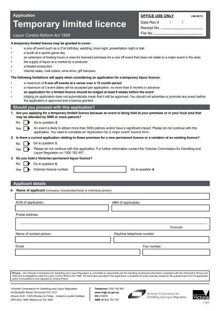 Temporary Limited Licence Application Form VCGLR