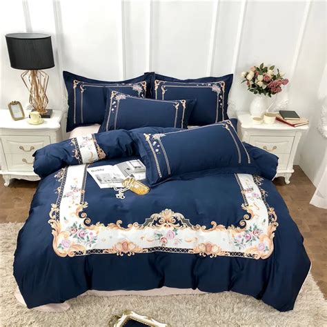 Blue Pink Luxury 60s Egyptian Cotton Royal Embroidery Bedding Set Duvet