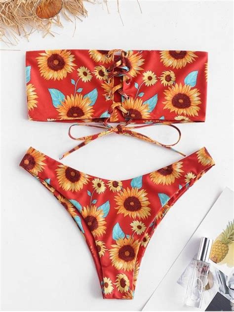 22 OFF 2019 ZAFUL Sunflower Reversible Lace Up Bikini Set In BRIGHT