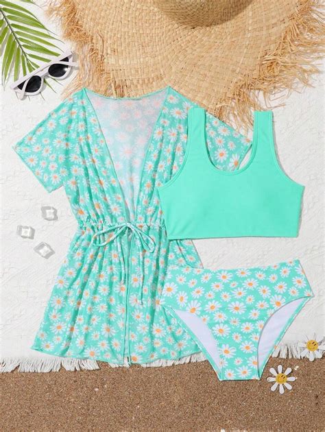 Tween Girl Floral Print Bikini Set With Kimono Matching Set Summer Beach Shein Usa