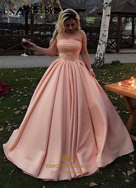 Pink Strapless Sleeveless Ruched Waist Satin Ball Gown Prom Dress