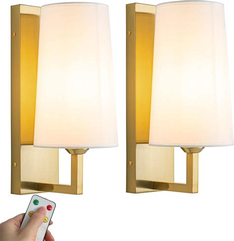 Modern Battery Operated Wall Sconce Set Of Two White Fabric Shade Wall