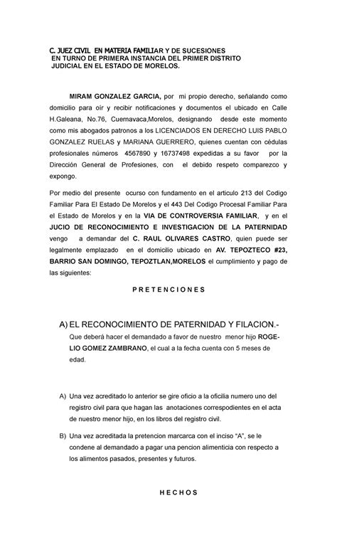 Ejemplo De Demanda Familiar - C. JUEZ CIVIL EN MATERIA FAMILIAR Y DE