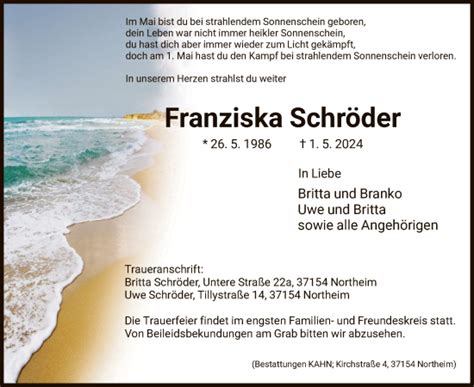 Traueranzeigen von Franziska Schröder Trauer HNA de