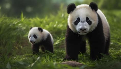 Premium AI Image | Cute giant panda cub eating bamboo in the wild ...