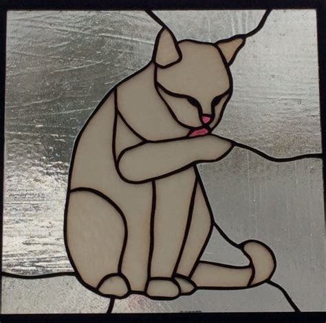 Stained Glass White Cat Hanging Panel With Pink Tongue