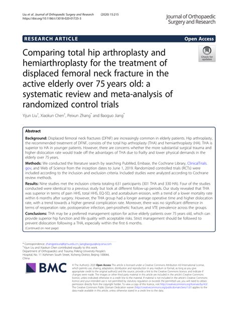 Pdf Comparing Total Hip Arthroplasty And Hemiarthroplasty For The