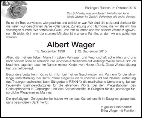 Traueranzeigen Von Albert Wager Zeit Des Gedenkens De