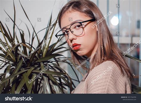 Portrait Brunette Girl Glasses White Background Stock Photo Shutterstock