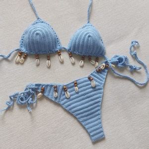 Crochet Bikini Set Blue Bikini Color 350 Sea Shells Bikini Women Swimwear Crochet Bikini
