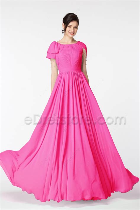 Modest Lds Beaded Hot Pink Bridesmaid Dresses With Sleeves Edresstore