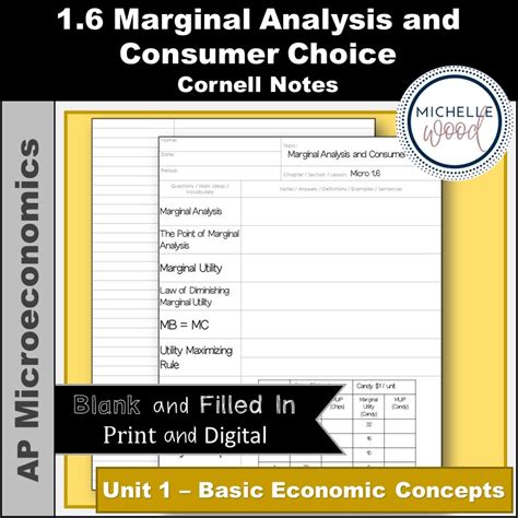 Micro 1 6 Marginal Analysis And Consumer Choice Cornell Notes Michelle Wood